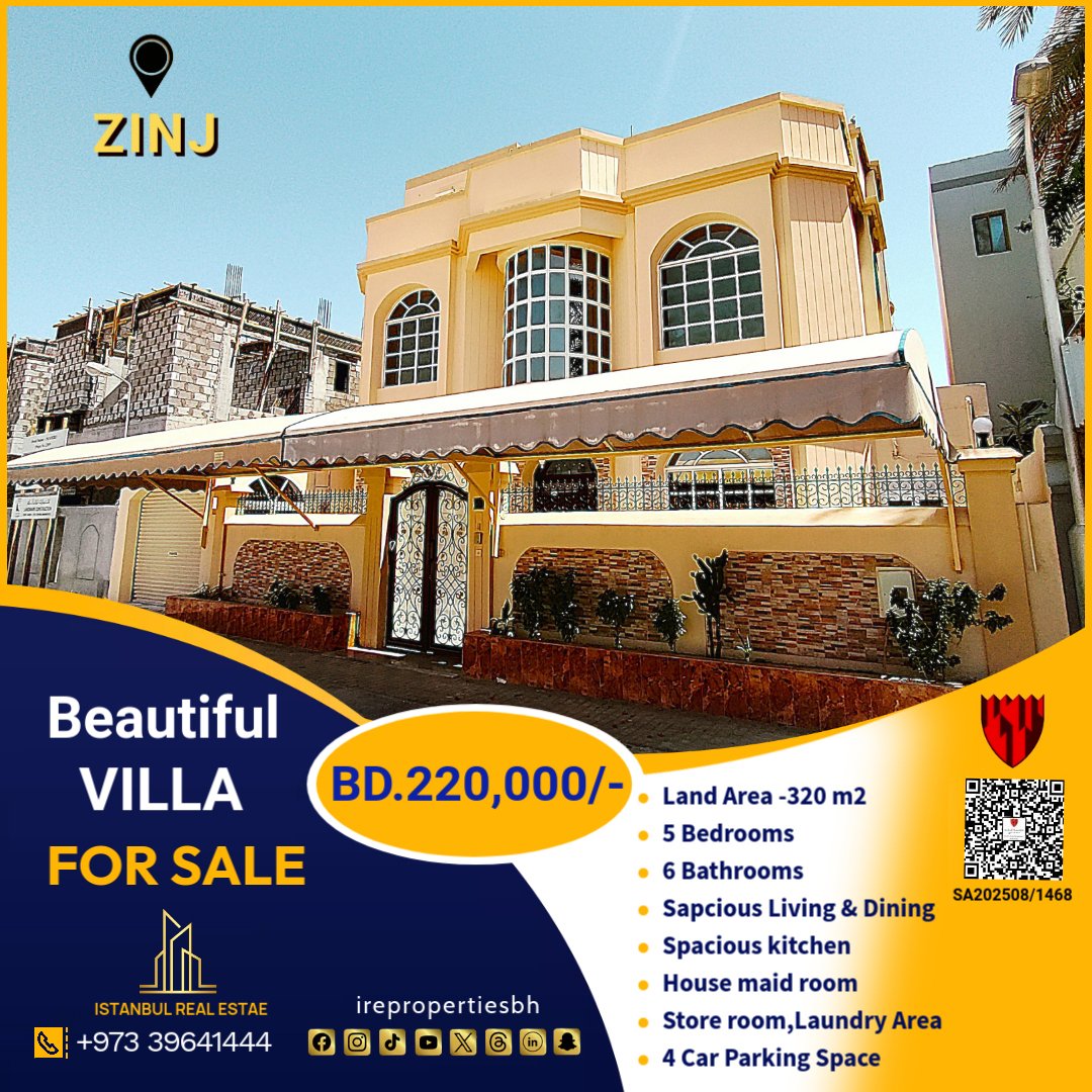 Beautiful Villa For Sale In Zinj Near Al Kindi Hospital Bd.220,000/-
