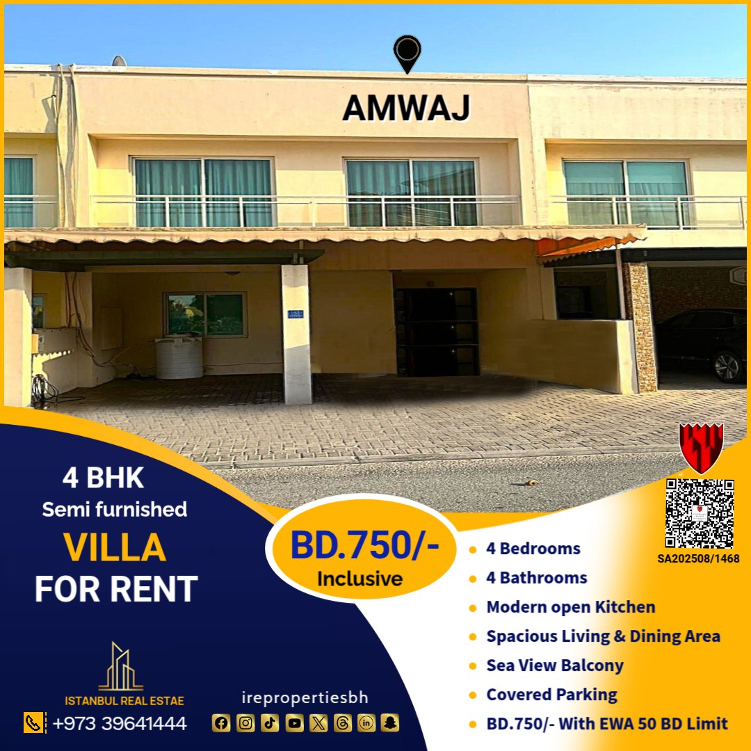 4 Bhk Semi Furnished Villa For Rent In Amwaj Island Bd 750/- Inclusive