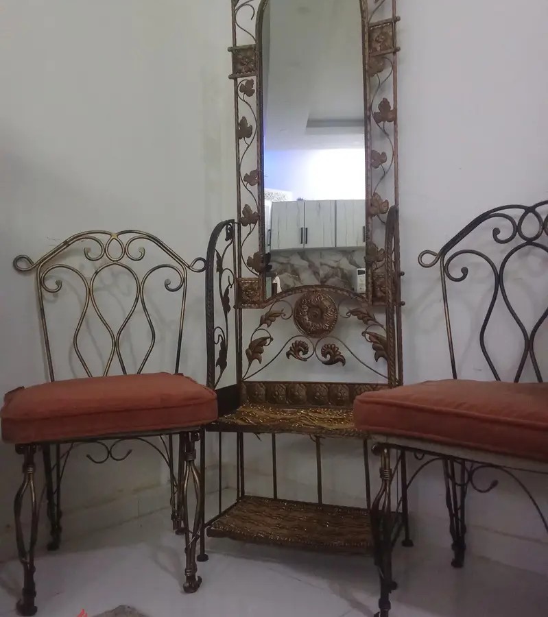 Antique Brass Standing Mirror & 2 Chairs